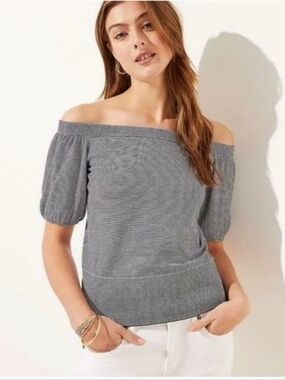 LOFT Off Shoulder Knit Top XS Blue White Stripe NWT Puff Sleeve